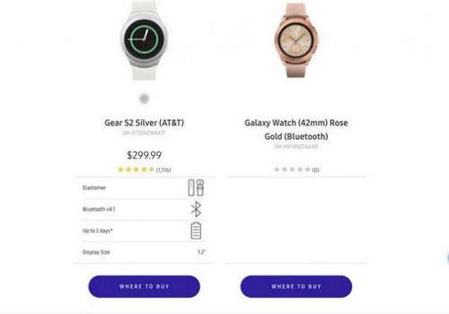 Ảnh Galaxy Watch (bên phải) rò rỉ trên trang bán hàng của Samsung bên cạnh Galaxy Gear S2 (bên trái).