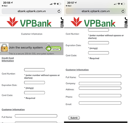 Giao diện trang lừa đảo có địa chỉ ebank.vpbank.com.vn, yêu cầu nhập nhiều thông tin nhạy cảm.