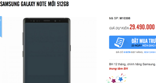 Giá đặt trước của Galaxy Note9 bản cao cấp RAM 8GB bộ nhớ 512GB cao hơn 6 triệu đồng so với bản tiêu chuẩn.